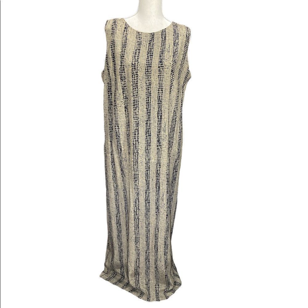 NWT Leslie Fay Maxi Dress Black Tan Vertical Pattern Zip Up Sleeveless Size 16